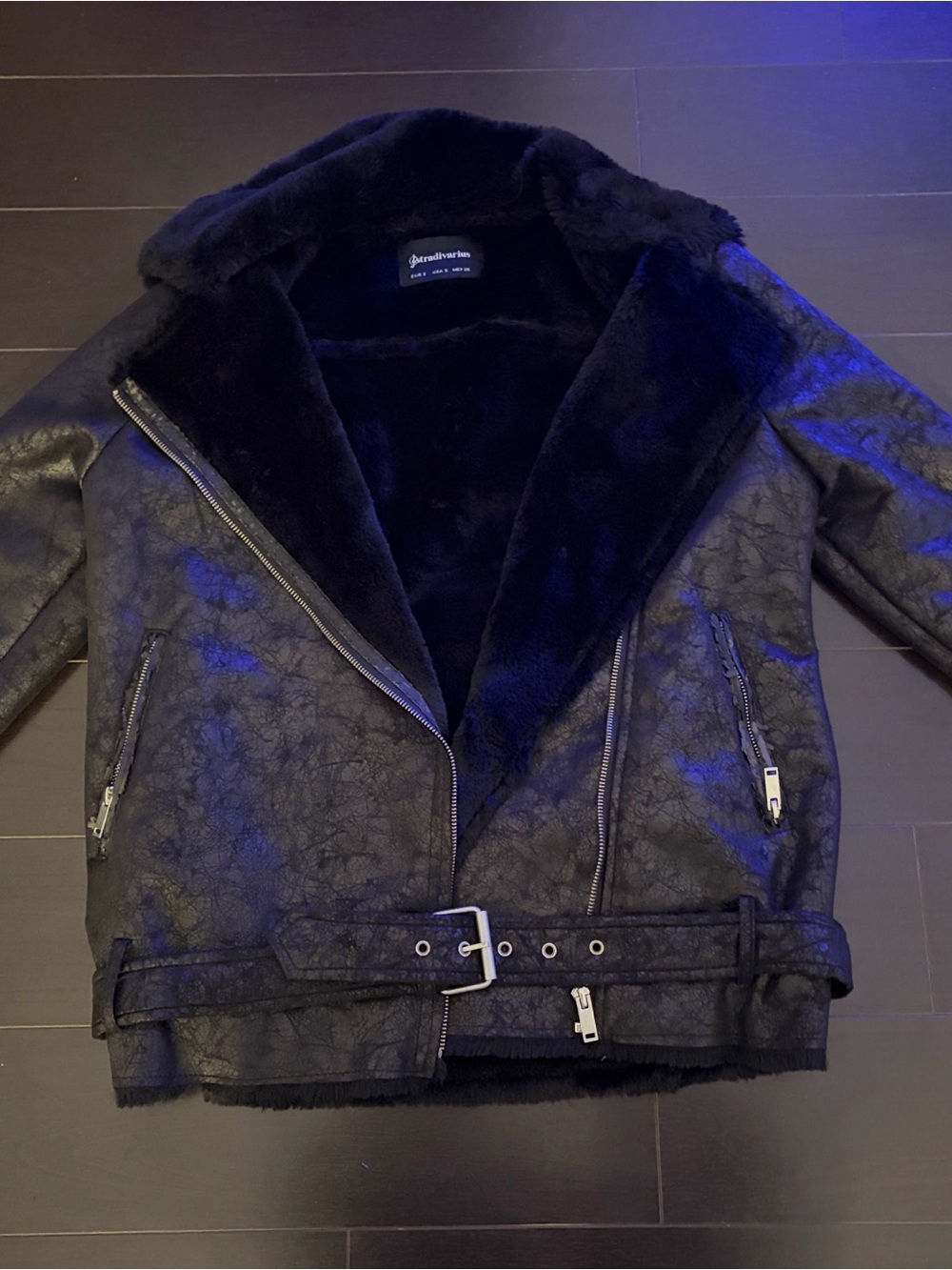 Black Faux Shearling Biker Jacket - Women